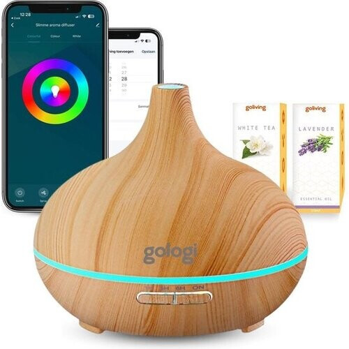 Tweedekans Gologi Slimme Aroma Diffuser - 550ML - Luchtbevochtiger - Geurverspreider - LED verlichting - Incl. 2 Etherische Oliën - Lichtbruin Tweedehands