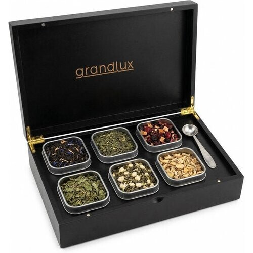 Tweedekans Grandlux Theedoos 6 vaks – Theedoos Losse Thee – RVS Lepel – 100% FSC Bamboe – 6 Theeblikken – Thee Organiser – Theebox – Zwart Tweedehands