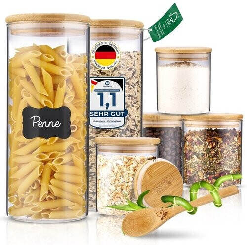 Tweedekans GREEN BEE'S set van 6 grote voorraadpotten - 2x1500ml & 4x650ml - Past perfect in lades en medicijnkastjes - Duurzame voorraadpotten met luchtdichte deksels - Voor bloem, rijst, pasta, muesli en bonen Tweedehands