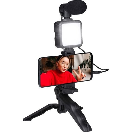 Tweedekans Grundig Telefoon Statief met Lamp - Telefoon Tripod met Microfoon - LED's met 3 Kleurinstellingen - Telefoons 53 tot 84MM - Tafelmodel en Selfiestick - Kunststof - Zwart Tweedehands