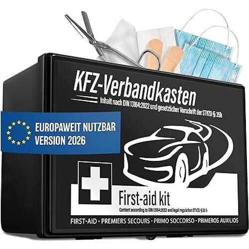 Tweedekans HELDENWERK Auto verbanddoos 2026 voor heel Europa inzetbaar en getest (conform het Duitse verkeer) - EHBO-kit EHBO-kit verbanddoos DIN 13164 gecertificeerd - EHBO-tas - Zwart Tweedehands