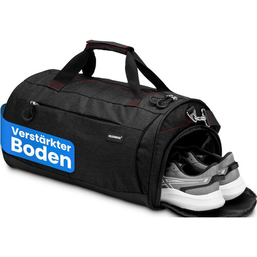 Tweedekans HELDENWERK Sporttas 50L – Met Schoenenvak & Waterdicht Natvak – Grote Fitness- & Reistas – Unisex – Extra Robuust - Zwart Met Rode Ritsen Tweedehands