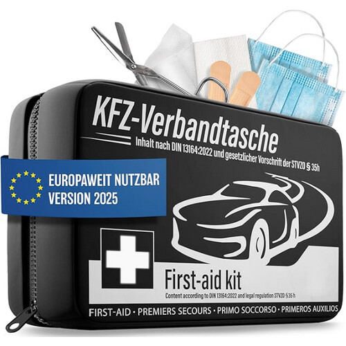 Tweedekans HELDENWERK - Verbandtas & EHBO-kit Auto - DIN 13164:2022 Norm - Compact - Zwart Waterafstotend Nylon - Inclusief Mondkapjes & Reddingsdeken - Voor Auto, Motor & Vrachtwagen - Verplicht in Europa Tweedehands