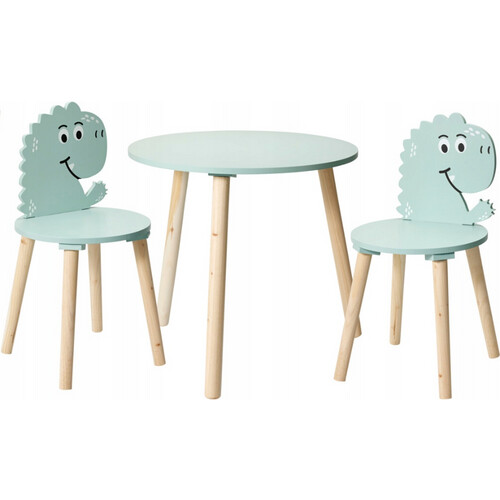 Tweedekans Home Styling Collection - Kindertafel met 2 Stoelen - Dinosaurus Print - Blauw - Houten Kinder Tafelset - 50 x 50 x 50 cm Tweedehands