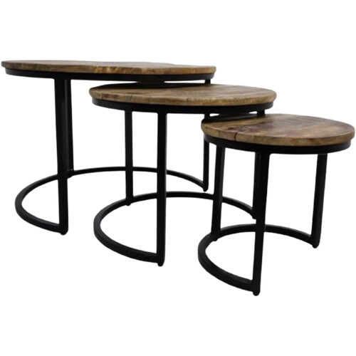 Tweedekans Hsm Collection District 3-delige salontafelset mangohout bruin/zwart – Ø35 - Ø51 - Ø67 cm