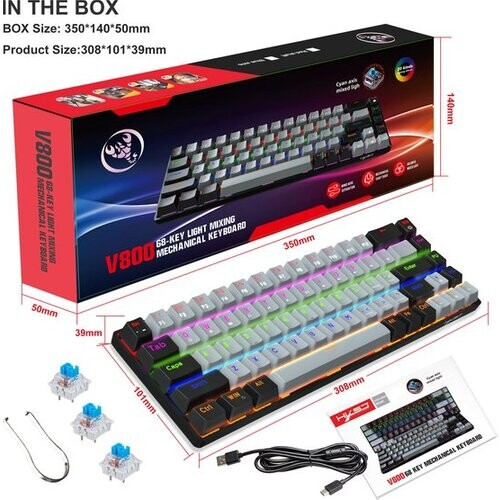 Tweedekans HXSJ V800 RGB Mechanisch gaming toetsenbord - QWERTY - 68 Keys - Blue Switch - Zwart grijs Tweedehands