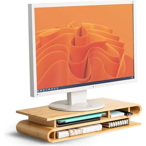 Tweedekans Industor® Monitor Standaard Bamboe - Gebogen Laptop Stand voor Bureau zonder montage - Monitorstandaard met Lade en TV verhoger Tweedehands