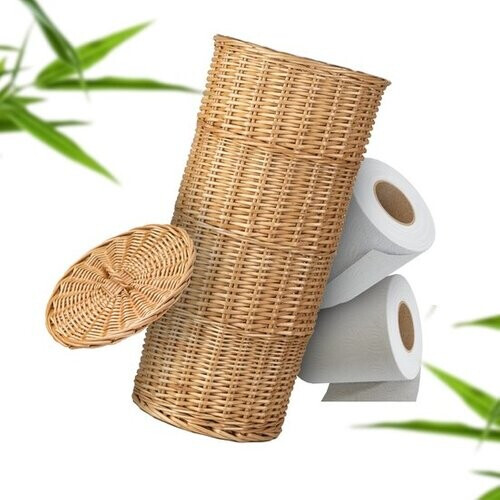 Tweedekans Industor® Toiletrolhouder Staand van handgevlochten Riet - Wc rolhouder voor 3 Rollen met Deksel - Toiletrolhouders, Badkamer Accessoires en Decoratie Tweedehands