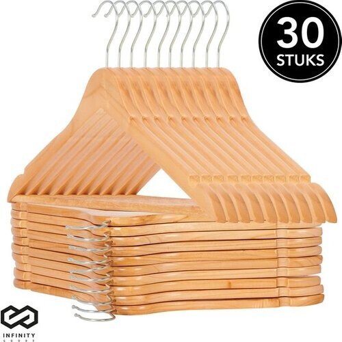 Tweedekans Infinity Goods 30 Houten Kledinghangers - Kleerhanger - Inkeping en Broeklat - Metalen Haak - Volwassenen - Bruin Tweedehands
