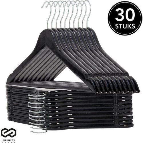 Tweedekans Infinity Goods 30 Houten Kledinghangers Zwart - Kleerhanger - Inkeping en Broeklat - Metalen Haak - Volwassenen - 30 Stuks - Zwart Tweedehands
