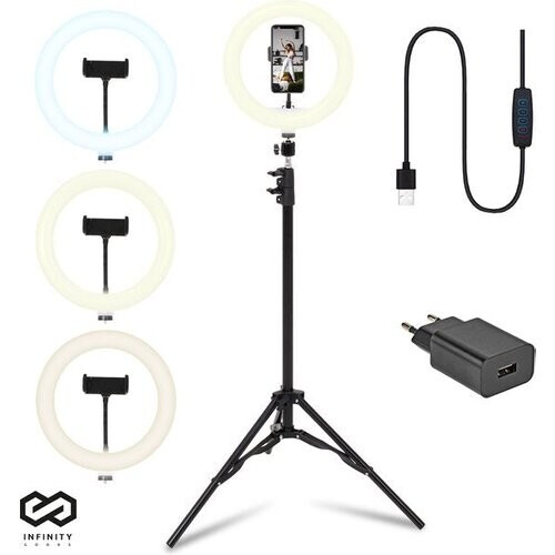 Tweedekans Infinity Goods Ring Light Met Statief - LED - 3 Kleuren - Verstelbaar Statief Tot 186m - Inclusief Stekker - Selfie Ringlight voor Tiktok / Instagram / Youtube / Streaming / Thuis Werken - Zwart Tweedehands
