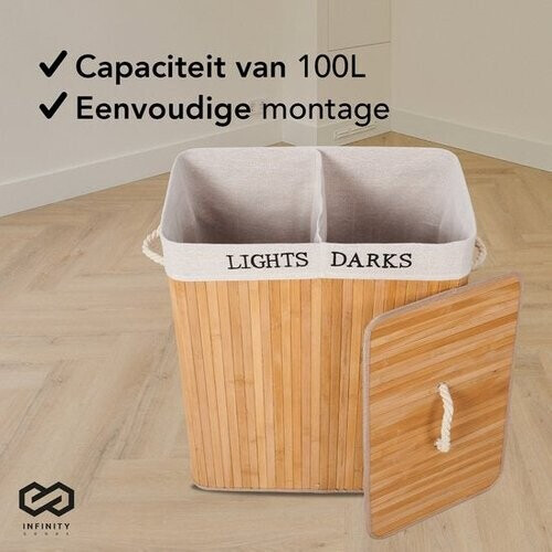Tweedekans Infinity Goods Wasmand met Deksel XL - Bamboe - 2 Vakken - Wassorteerder - 2 Wasbare Katoenen Waszakken - Handvatten - 100 Liter - Natuurlijk Bruin Tweedehands