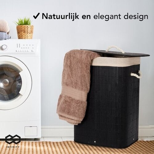 Tweedekans Infinity Goods Wasmand met Deksel Zwart - Bamboe - Wassorteerder - Wasbare katoenen waszak - Handvatten - 72 Liter - Zwart Tweedehands