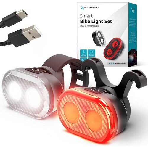 Tweedekans Inlustro Smart Fietslamp Set - Achterlicht met Remsensor / Zadelbevestiging - LED Fietslampjes Rood en Wit - Fietslicht Koplamp Voorlicht - USB Oplaadbaar / Waterdicht Tweedehands