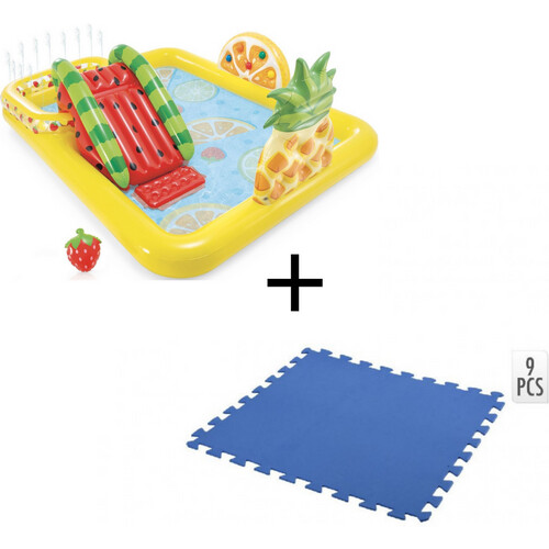 Tweedekans Intex Opblaasbaar Kinderzwembad - Met Glijbaan - Fruit - 244 x 191 x 91 cm + + INCL. Free And Easy Zwembadtegels Foam Blauw 9 Stuks Tweedehands