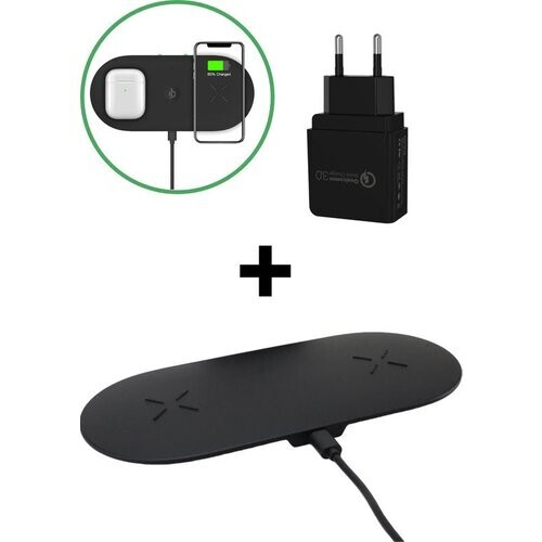Tweedekans iSetchi 2-in-1 Draadloze Qi Oplader (15W snellader) - Inclusief Quick Charge 3.0 Adapter - Draadloos Opladen Station - Telefoon Lader Voor iPhone/Apple - Samsung - Android - Airpods & Galaxy Buds Tweedehands