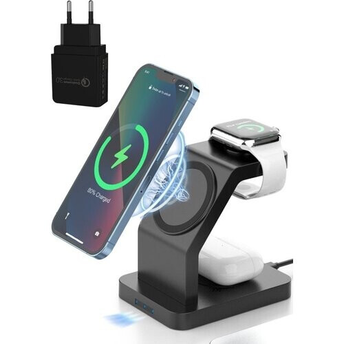 Tweedekans iSETCHI – Draadloze Qi & Magsafe Oplader 3-in-1 – 15 Watt – Zwart Kunststof – Inclusief QC 3.0 Adapter – Voor iPhone, Apple Watch & Airpods – Georganiseerde Werkplek Tweedehands