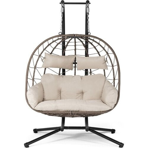 Tweedekans Juskys Hangstoel 2 Persoons - Polyrotan - Max. 220 kg- Incl. Onderstel & Kussens – Beige Tweedehands