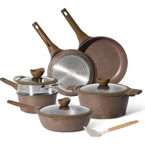 Tweedekans Just Perfecto 12 Delige Pannenset Inductie - Marron Beige Pannenset Met Deksel Voor Gas en Inductie - PFAS vrij - Koudgrepen Tweedehands