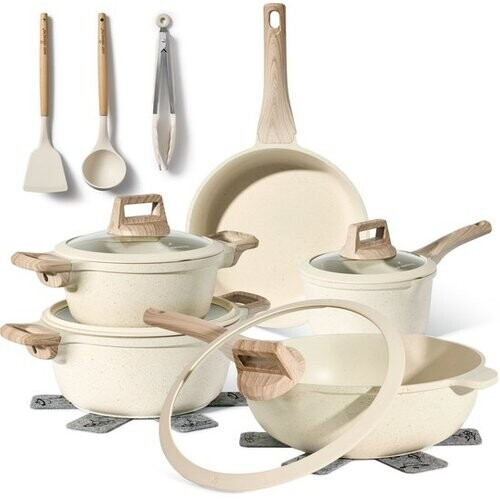 Tweedekans Just Perfecto 14 Delige Pannenset Inductie - Beige Pannenset Met Deksel Voor Gas en Inductie - PFAS vrij - Koudgrepen Tweedehands