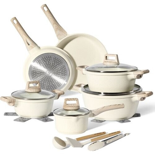 Tweedekans Just Perfecto 15 Delige Pannenset Inductie - Beige Pannenset Met Deksel Voor Gas en Inductie - PFAS vrij - Koudgrepen Tweedehands
