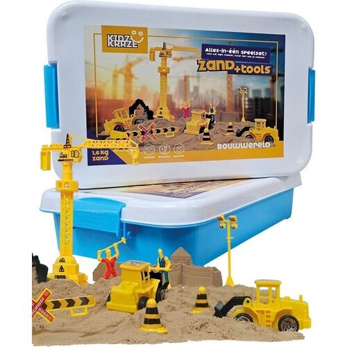 Tweedekans KidzKraze® Bouwwereld Speelzand – 1,6 kg bruin kleefzand voor binnen – Met Vormpjes en Speelgoed – Inclusief speel en opbergkoffer – Sensorisch – Speelgoed – zand bak starter set voor kinderen - Het grote speelgoedboek 2025 Tweedehands