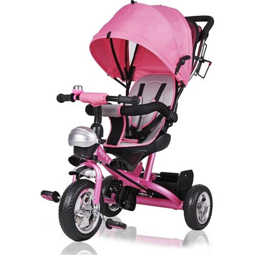 Tweedekans Kinderfiets/driewieler - Roze - Duwstang - klapdak - opklapbare voetsteun - incl. mandje Tweedehands