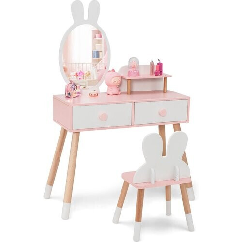 Tweedekans Kinderkaptafelset met konijnendesign - 78 x 37 x 110 cm - Roze + Wit Tweedehands