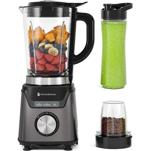 Tweedekans KitchenBrothers Blender Met Drinkfles - 1200W - BPA-vrij - 1.5L - Smoothie Maker - IJscrusher - Grijs Tweedehands