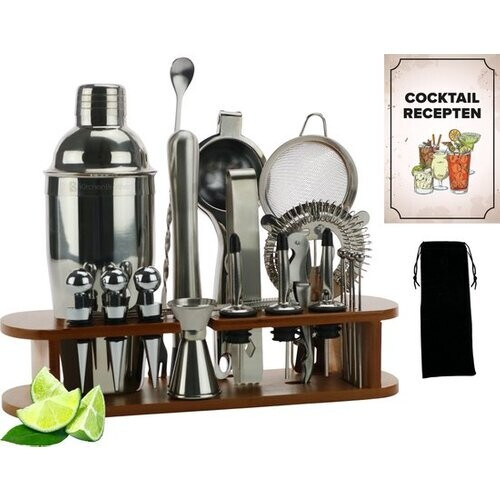 Tweedekans KitchenBrothers Cocktail Set - 25 delig - Luxe set - Cocktail Shaker (750ml) - Donkerbruin/Bamboe - Cadeauverpakking Tweedehands