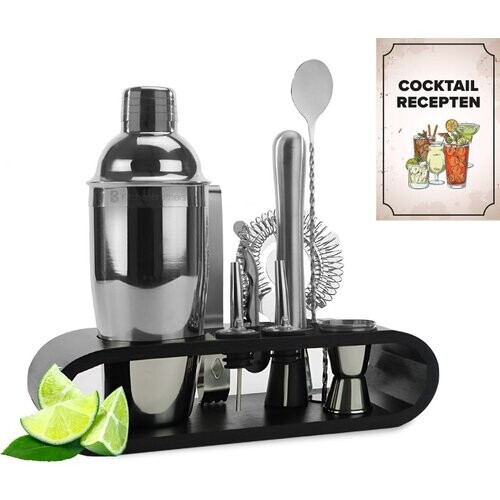 Tweedekans KitchenBrothers Cocktail Set met Cocktailshaker - 11 Delig - Complete Set - Cadeauverpakking - Zwart/Bamboe Tweedehands