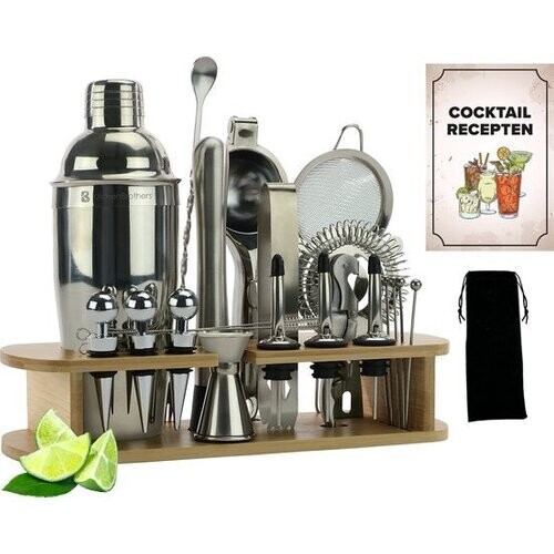 Tweedekans KitchenBrothers Cocktail Set met Cocktailshaker - 25 Delig - Luxe Set - Cadeauverpakking - Lichtbruin/Bamboe Tweedehands