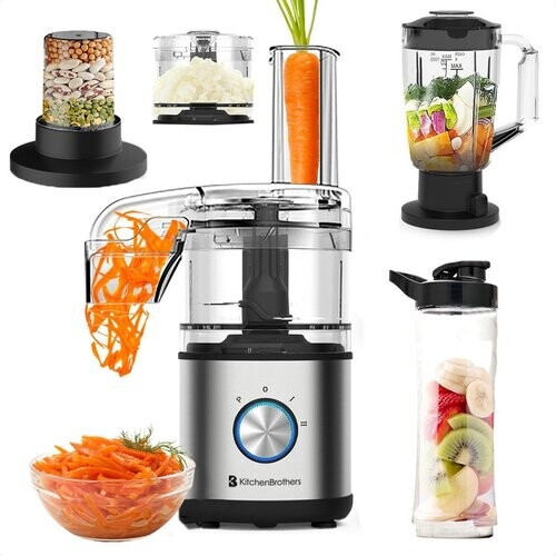 Tweedekans KitchenBrothers Foodprocessor – 4-in-1 Keukenmachine met Blender, Smoothie Blender, Hakmolen en Koffie- & Kruidenmolen – Compact en RVS Tweedehands