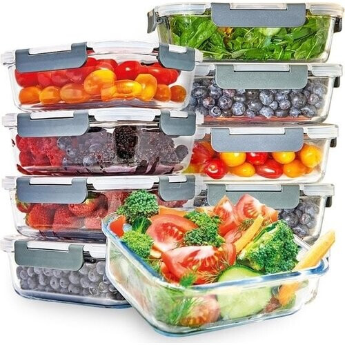 Tweedekans KitchenBrothers Glas Meal Prep Set – 10 stuks: 5×1 Liter & 5×370 ml Bewaarbakken Tweedehands