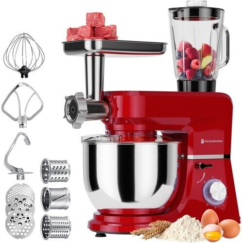 Tweedekans KitchenBrothers Keukenmachine - 6-in-1 Keukenrobot - 1500W - Met Gehaktmolen, Blender en 15 Accessoires - 6,2L RVS Kom - Rood Tweedehands