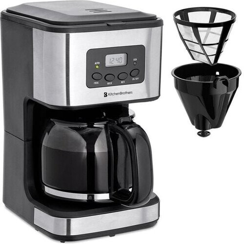 Tweedekans KitchenBrothers Koffiezetapparaat - Koffiemachine incl. Glazen Kan - 1,5L - Herbruikbare filter - Timerfunctie - Zwart/RVS Tweedehands