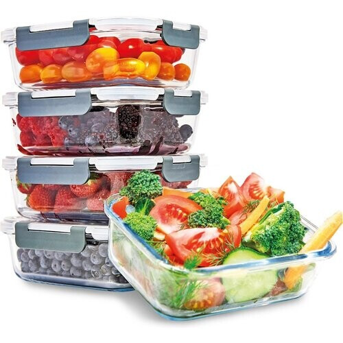 Tweedekans KitchenBrothers Meal Prep Bakjes - Vershoudbakjes Set - Luchtdicht - BPA Vrij - 1L - Glas - 5 Stuks Tweedehands
