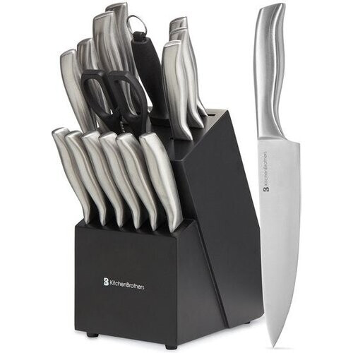 Tweedekans KitchenBrothers Messenset - Messenblok - 16-Delig - met Schaar en Aanzetstaal - Zilver/ RVS Tweedehands