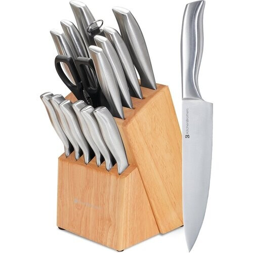 Tweedekans KitchenBrothers Messenset - Messenblok - 16-Delig - met Schaar en Aanzetstaal - Rubberwood Tweedehands