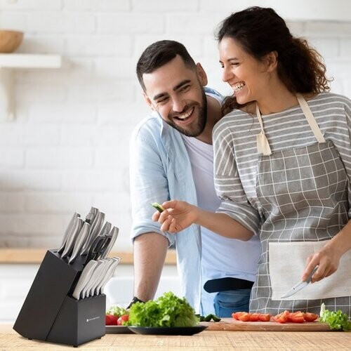 Tweedekans KitchenBrothers Messenset - Messenblok - 16-Delig - met Schaar en Aanzetstaal - Zilver/ RVS Tweedehands