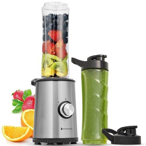 Tweedekans KitchenBrothers Mini Blender - Smoothie Maker - 2 To-Go Bekers - 350W - RVS Tweedehands