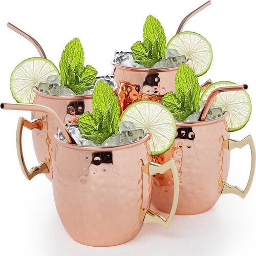 Tweedekans KitchenBrothers Moscow Mule Bekers - Cocktailglazen met Rietjes - 4 Stuks - Verkoperd - 500ML