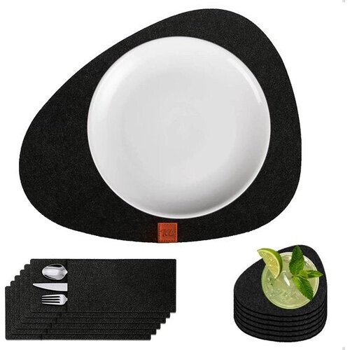 Tweedekans KitchenLove Placemats - 6 Stuks - 31 x 38 cm - Met Glazenonderzetters en Bestekzakjes - Vilt Stof - Ovaal - Zwart Tweedehands