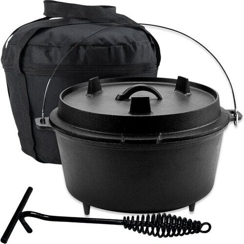 Tweedekans KitchenMonster Dutch Oven – Gietijzeren Pan met Deksel & Deksellifter – 5 Liter – 25,5 x 25,5 x 20 cm – Zwart Tweedehands