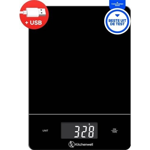 Tweedekans Kitchenwell Digitale Precisie Keukenweegschaal – Weegschaal Keuken - 1gr - 15kg – Tarra Functie - USB Oplaadbaar - Zwart Tweedehands
