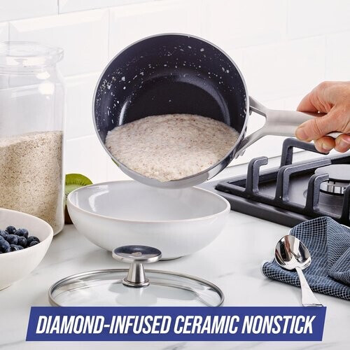 Tweedekans Kookgerei Drievoudig Staal Roestvrij Staal Keramiek Antiaanbaklaag 16 cm / 1,2 L Steelpan met Deksel, Tri-Ply, PFAS-vrij, Meerlaags, Inductie, Vaatwasmachinebestendig, Ovenbestendig, Zilver Tweedehands