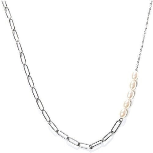 Tweedekans Laura Ferini Dames Ketting Perla – Zilverkleurige Asymmetrische Schakelketting met Parels – 18K Witgoud Verguld Collier – Elegante Halsketting Tweedehands