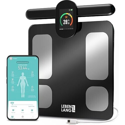 Tweedekans LEBENLANG - Fitness Lichaamsvetweegschaal met Handsensoren – 29 Meetwaarden, App Connect, 180 kg Draagvermogen - Weegschaal met Lichaamsvetanalyse & Spiermassa - Oplaadbaar & Met LED Display Tweedehands