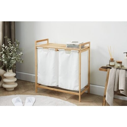 Tweedekans Lifa Bathing Bamboe Rek met Wasmanden - Polyester en Bamboe - Uitschuifbare Opbermanden met Deksel - Wassorteerbak 60 Liter - 2 Vakken - Voor Badkamer, Slaapkamer en Wasruimte - 73 x 64 x 33 cm Tweedehands