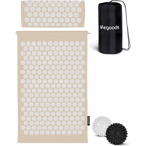 Tweedekans LifeGoods Acupressuur Mat met Kussen - Shakti mat - Spijkermat Incl. 2x Triggerpoint Bal - 66x40x2cm - Beige/Wit Tweedehands